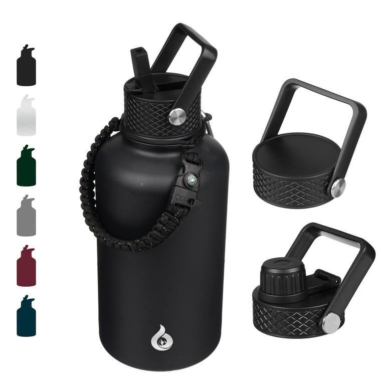 BJPKPK Half Gallon Insulated Water Bottles with Straw Lid, 64oz Large Water Jug, Stainless Steel Bottles with 3 Lids and Paracord Handle, Thermo for