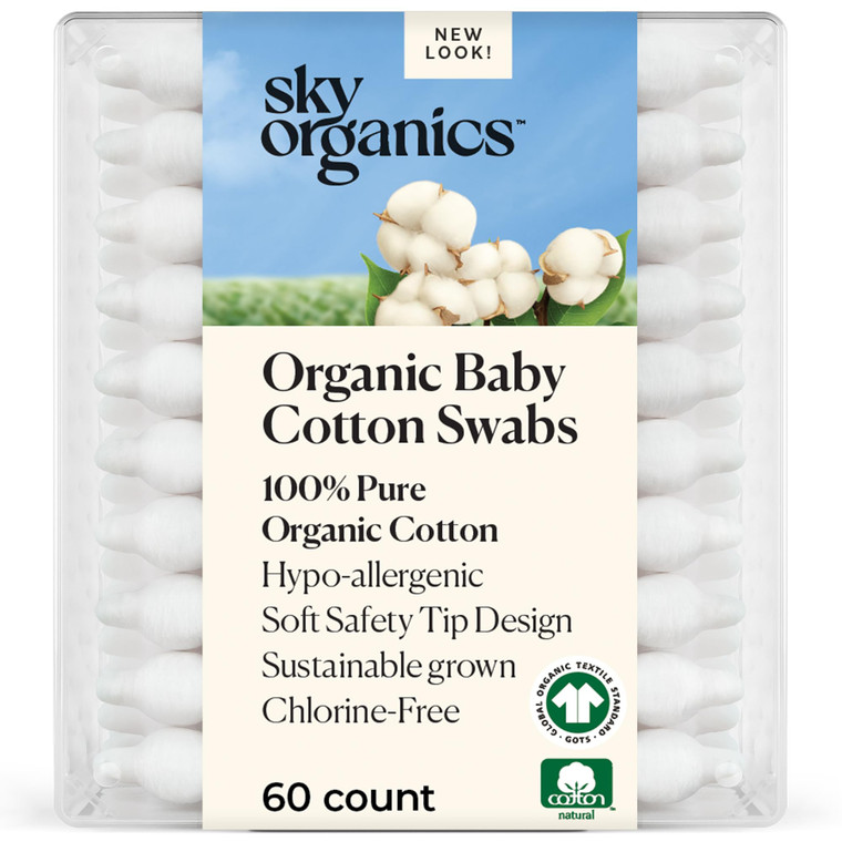 Sky Organics - Organic Baby Cotton Swabs, 60 ct. - Ultra Soft Baby Safe Tips - Strong & Durable - Hypoallergenic - Chlorine Free - Natural, Vegan & C