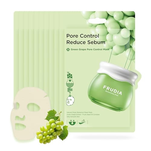 FRUDIA Green Grape Pore Control Face Mask Sheets (10 Pack), Korean Face Masks with 60% Green Grape Extract, Tannin Pore Complex & Anti Sebum P for Hy