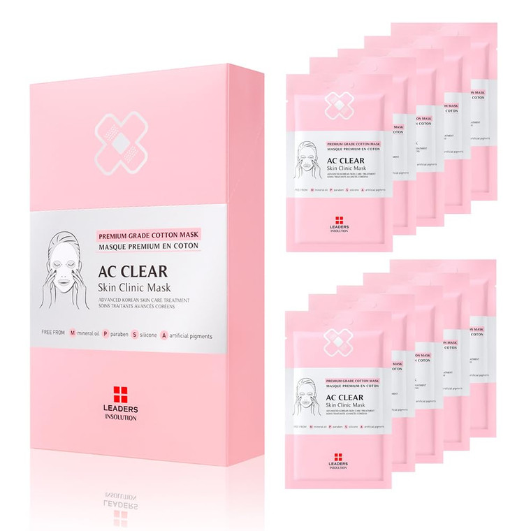 Leaders Insolution AC Clear Skin Clinic Mask | Snail Secretion & Tea Tree Oil for Acne, Redness, Oil Control | 100% Cotton Bemliese Sheet | Balances