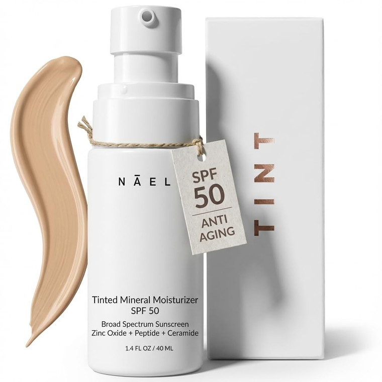 NAELI Anti Aging Tinted Moisturizer SPF 50, Mineral Sunscreen for Face with Zinc Oxide, Peptides & Ceramides, Natural Hydrating Universal Tint - 1.4