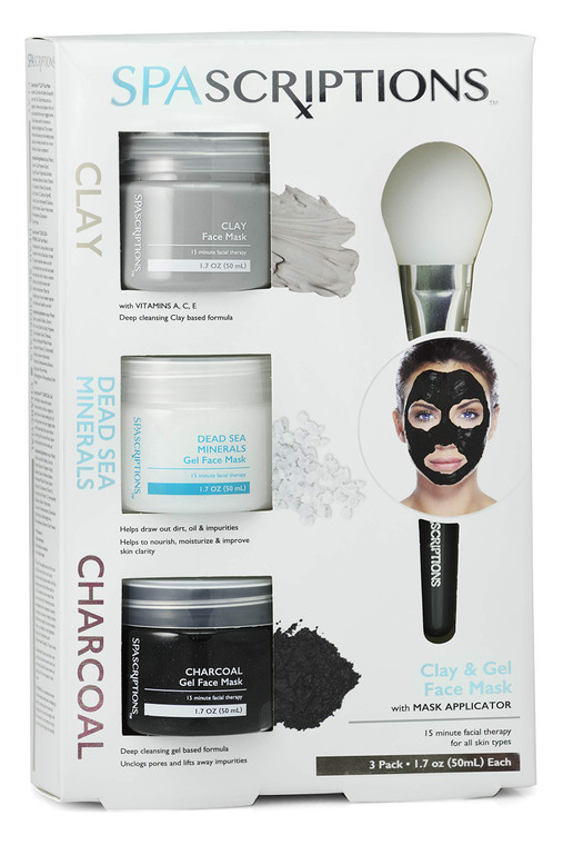 SpaScriptions Dead Sea, Charcoal, & Clay Gel Face Mask with Silicone Applicator - 3 Pack, 1.7 oz each Jar, 5.1 oz total