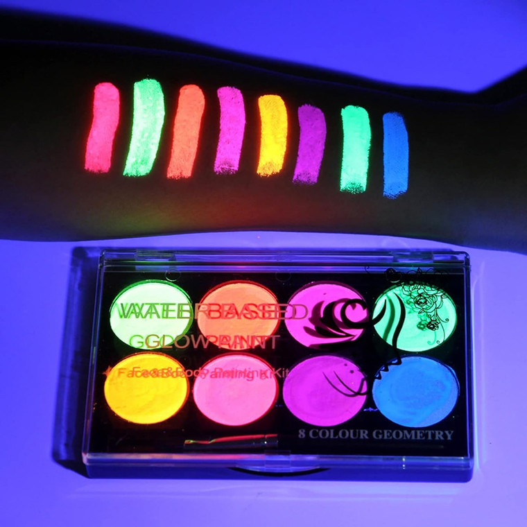 8 Neon UV-Active Makeup Palette, Glow-in-The-Dark Blacklight Body Art, Water-Based Fluorescent Face & Body Color Kit, Water-Activated Eyeliner, Washa