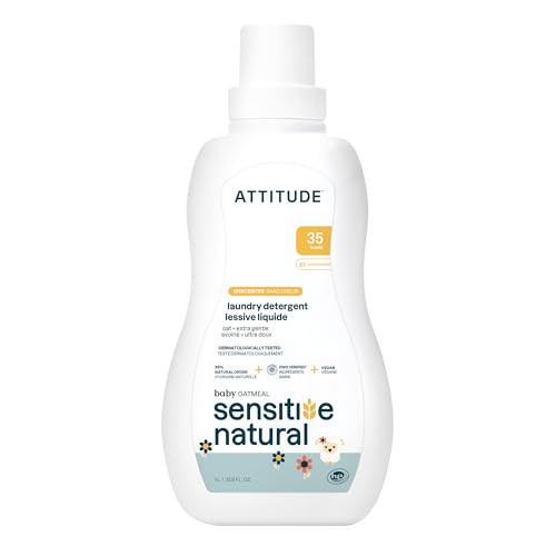 ATTITUDE Baby Laundry Detergent, EWG Verified, Plant and Mineral-Based Formula, HE Compatible, Vegan Household Products, Unscented, Sensitive, 33.8 F