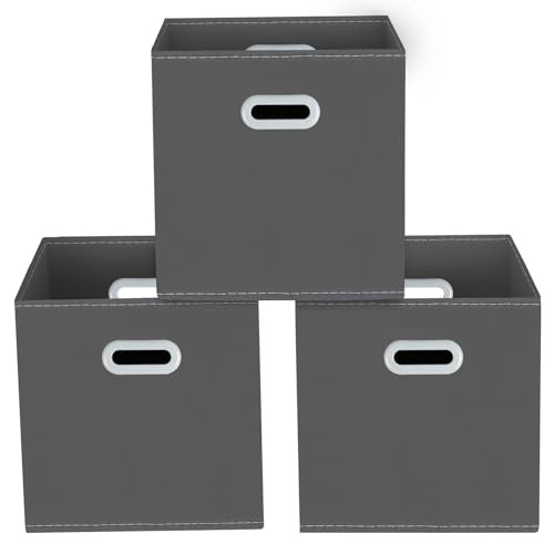 Yunkeeeper storage bins Cubes, Fabric Cube Organizer with Handle, Foldable Cube Bins for Cloth or Accessary Storage, 11x11x11, Set of 3,(Gray)