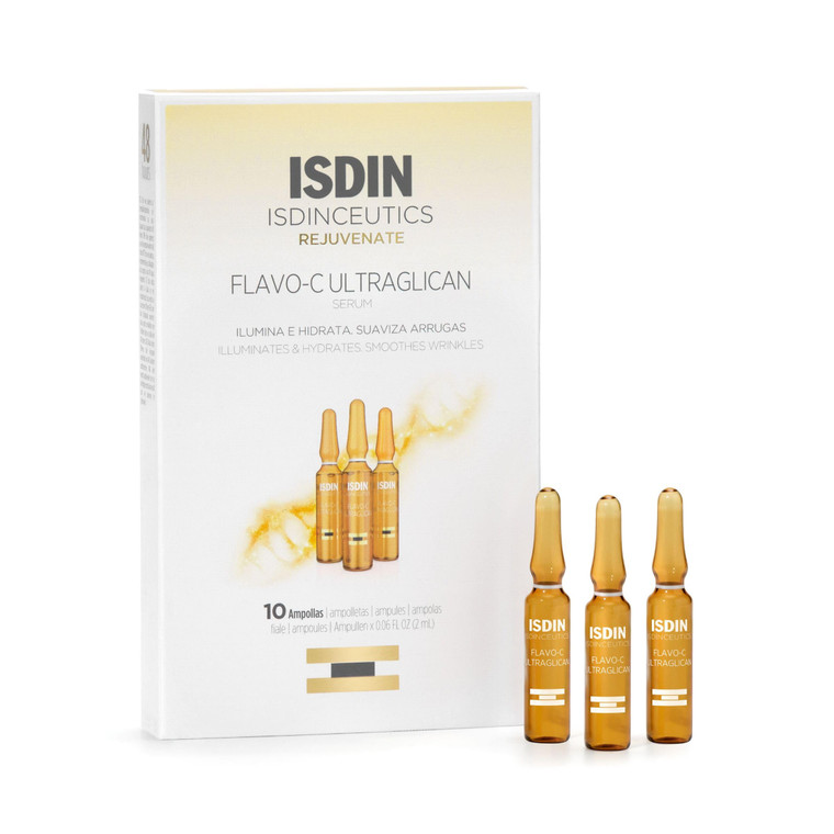 Isdinceutics Flavo-C Ultraglican Vitamin C and Hyaluronic Acid Brightening and Antioxidant Day Serum for Face - 10 ampoules, 0.06 FL OZ x 10