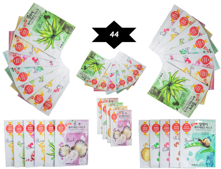 Eba nature} 44 Pcs Combo-Pack, Premium Korean Pure Essence Facial Mask Sheet (11 Types x 4 pcs), hydrating. moisturizing
