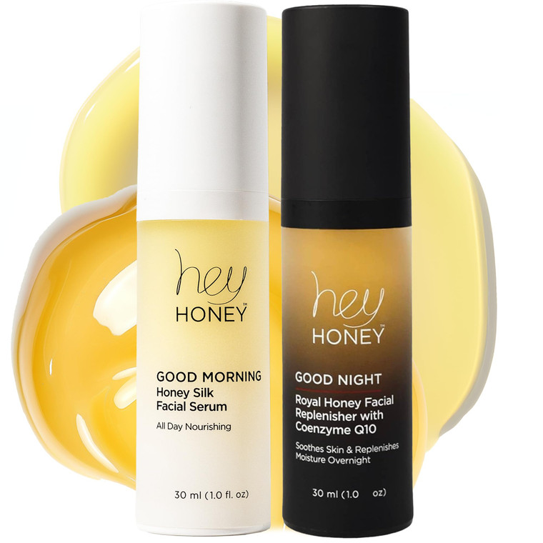 Hey Honey Good Morning & Good Night Duo | Honey Silk Facial Serum & Royal Honey Coenzyme Q10 | Best Day & Night Facial Support For Glowing Skin | 2 O