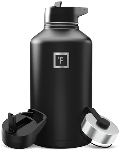 IRON °FLASK Camping & Hiking Hydration Flask with Straw, Wide Mouth Insulated Stainless Steel Sports Water Bottle - Midnight Black 64 oz - Straw (1 L