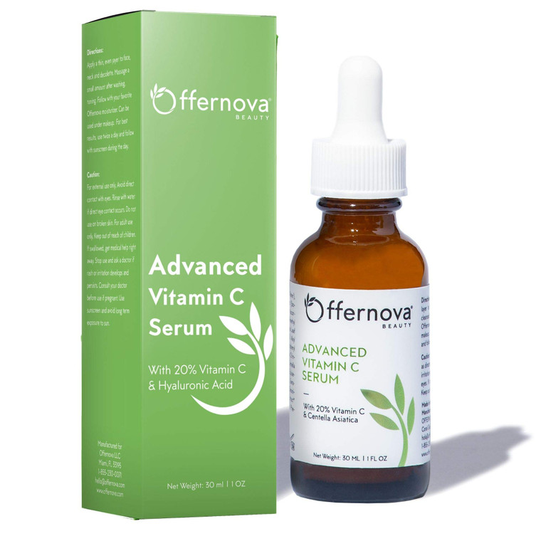 Offernova Organic Vitamin C Serum - 20% Vit C and Hyaluronic Acid Anti Aging Serum for Face, Eyes and Neck. Enhanced Absorption Dark Spot Corrector f