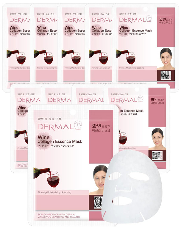 DERMAL Wine Collagen Essence Facial Mask Sheet 23g Pack of 10 - Moisturizing & Firming for Tired Skin, Relieves Skin Stress, Daily Skin Treatment Sol