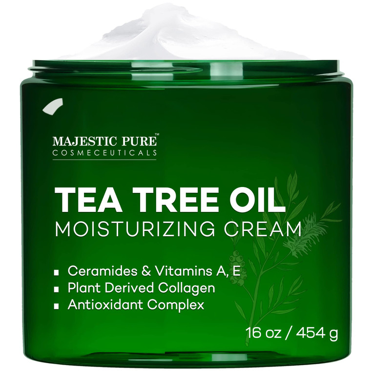 Majestic Pure Tea Tree Oil Moisturizing Cream - Body, Foot & Face Moisturizer - With Ceramides, Vitamins A E & Vegan Collagen - For Dry Skin, Oily Sk