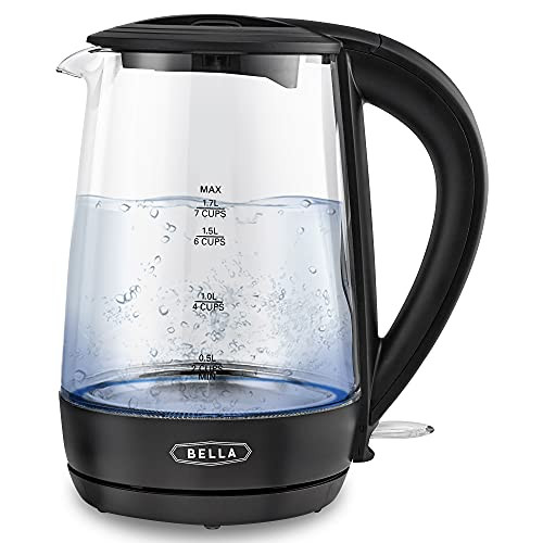 bella 1.7 Liter Glass Electric Kettle, Quickly Boil 7 Cups of Water in 6-7 Minutes, Soft Blue LED Lights Illuminate While Boiling, Cordless Portable