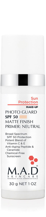 M.A.D Skincare PHOTO GUARD SPF 50 MATTE FINISH PRIMER Sun Protection  2-in-1 Sheer Matte Mineral Makeup Primer & Shield  UVA/UVB Defense  Creates