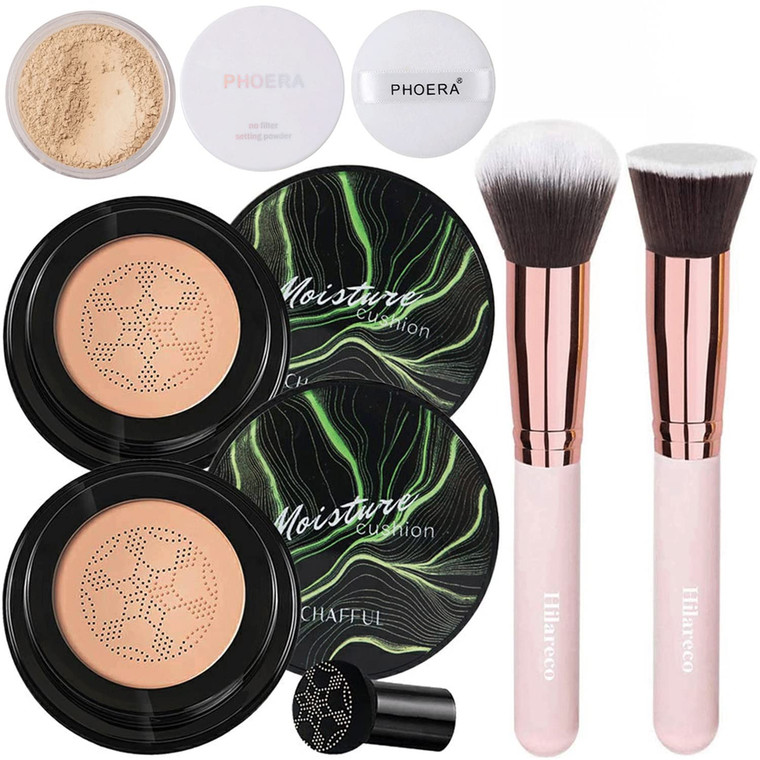 Mushroom Head Air Cushion CC Cream Natural Foundation,Phoera Powder, Bright Makeup Base Long Lasting with Makeup Sponge and Flat Top Kabuki Foundatio