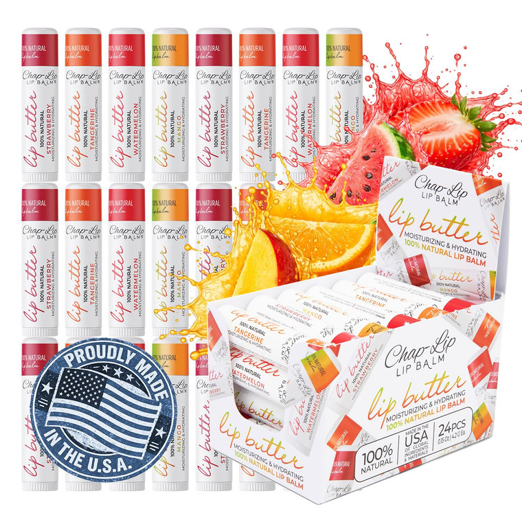 CHAP-LIP 100% All Natural Lip Balm Hydrating Bulk Chap Stick with Fruit Flavors, Coconut Oil, Cocoa Butter - Christmas Gift Stocking Stuffers Lip The
