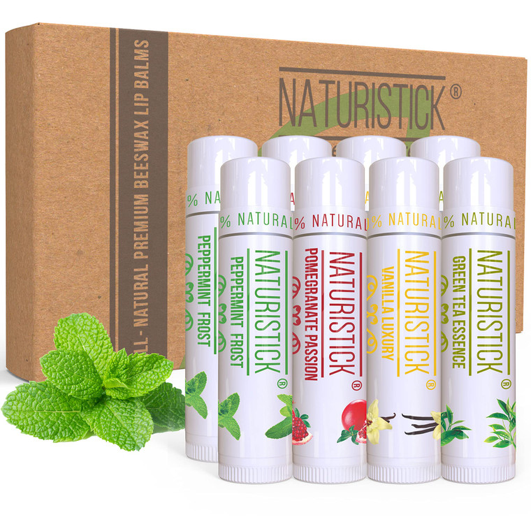 8-Pack Premium Beeswax Lip Balm by Naturistick | Chemical-Free, 100% Natural Chapstick for Dry, Chapped Lips | Made with Coconut Oil, Shea Butter, Al