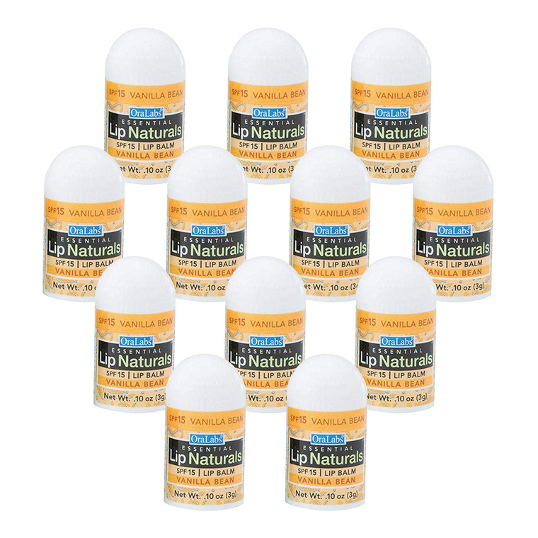 Lip Naturals® Mini Vanilla Lip Balm with Sunscreen (SPF-15) | Made in USA with Beeswax & Coconut Oil | 12-Count Pack with Vanilla Bean Flavor (0.10oz
