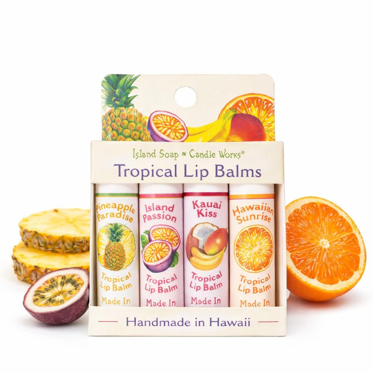 Island Soap & Candle Works Tropical Lip Balm Stick Sample Pack  4 Pack Assorted Flavors  Moisturizing Lip Balm Sticks  Smooth, Nourishing Formula