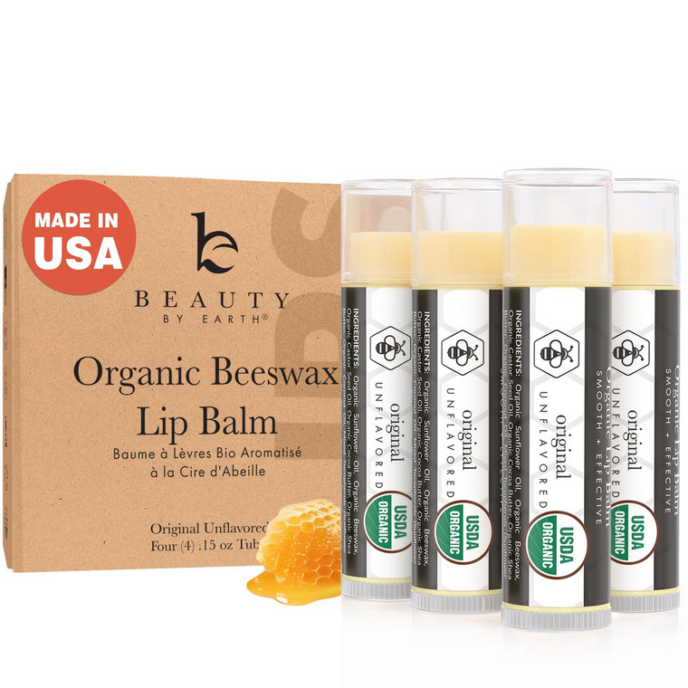 USDA Organic Lip Balm - USA Made with Natural Ingredients, 4 Pack Unflavored Chapstick for Dry Lips, Birthday Gifts for Her & Him, Lip Balm Hydrating
