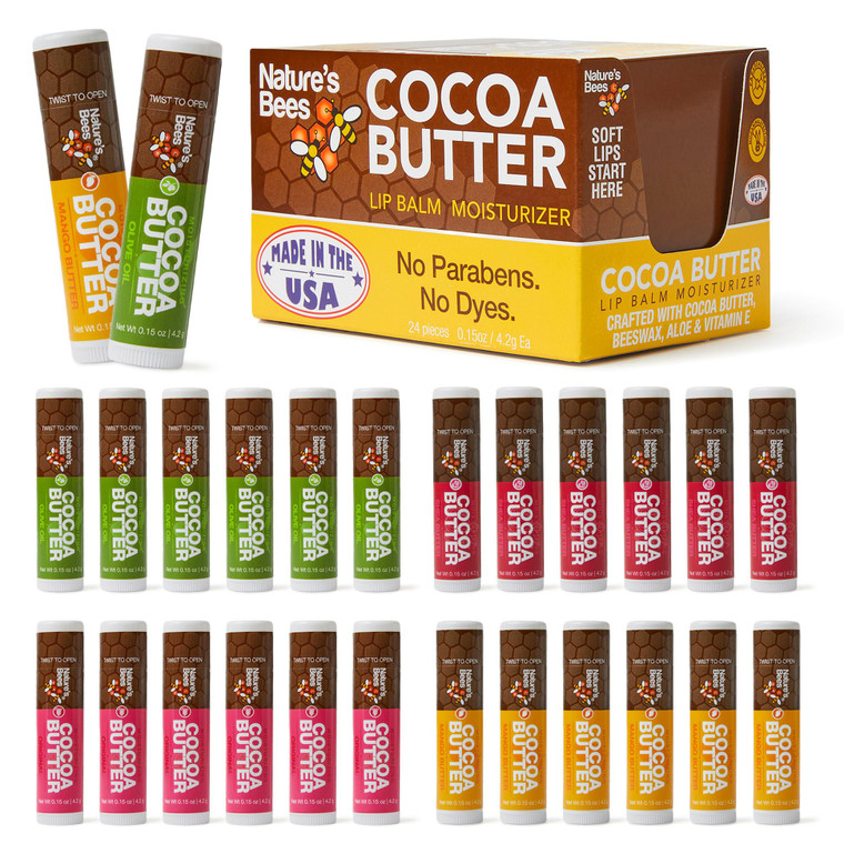 Nature's Bees Cocoa Butter Lip Balm Moisturizer, 24 Pack - 4 Flavors, Original, Shea Butter, Mango Butter, & Olive Oil, Made with Coconut Oil, Beeswa