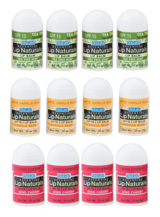 Lip Naturals® | Assorted Mini Lip Balm with Sunscreen (SPF-15) | Made in USA | 12-Count Pack with Bing Cherry, Tea Tree Mint, and Vanilla Bean Flavor