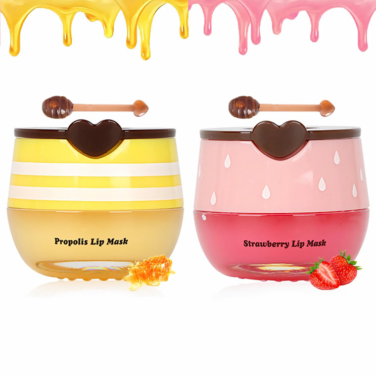 2 PCS Bee Lip Balm Lip Mask Honey Pot, Honey & Strawberry Lip Mask Propolis Moisturizing Lip Balm with Stick - Hydrating Prevention Dry and Cracked,