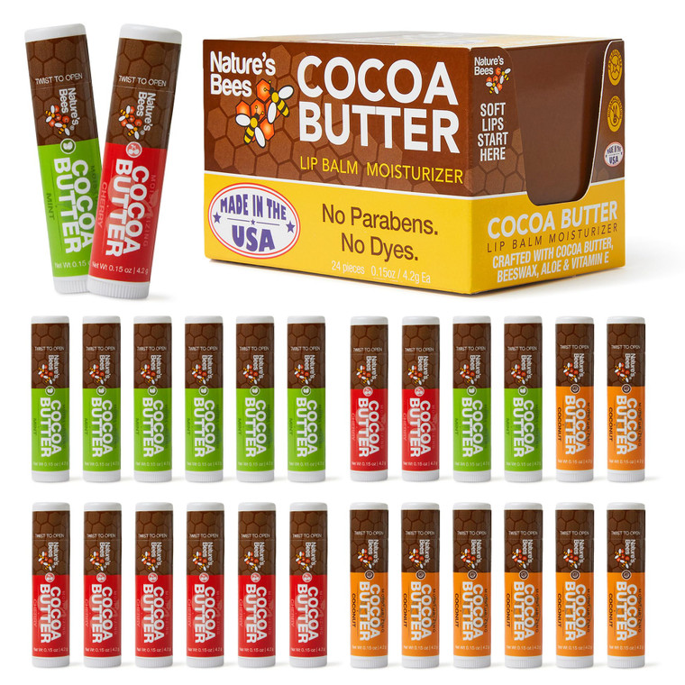 Nature's Bees Cocoa Butter Lip Balm, Lip Care for Dry Lips, Coconut Oil, Beeswax, Vitamin E, Aloe, & Shea Butter, 0.15 oz Each, 3 Flavors Coconut, Ch