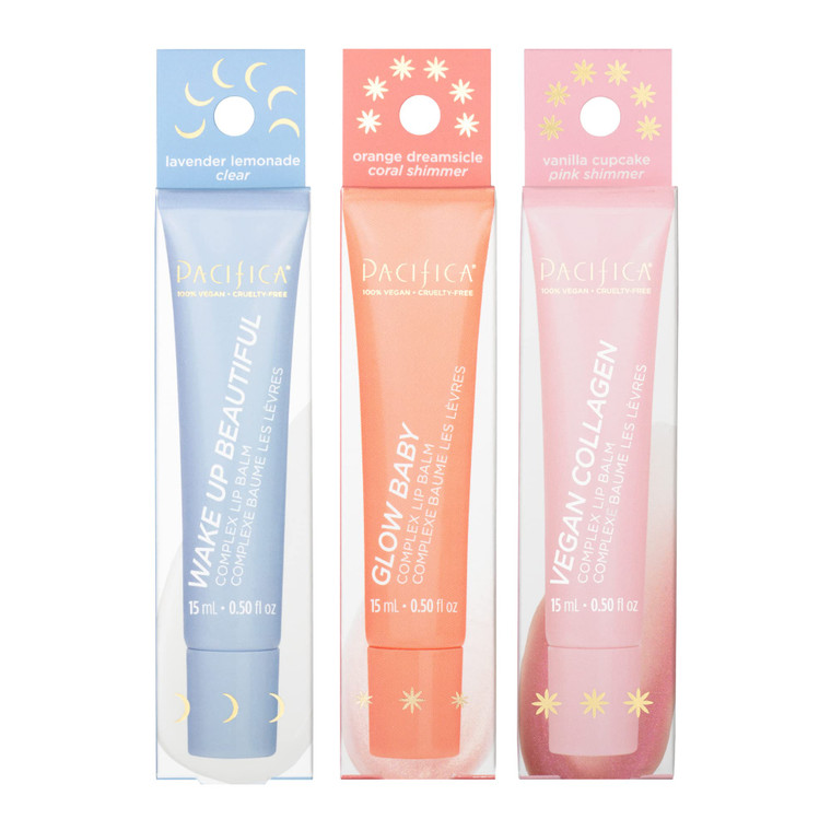 Pacifica Hydrating Lip Balm Gift Set  Flavored Lip Balm Glow Baby Tangerine, Wake Up Beautiful Lavender Lemon & Vegan Collagen Vanilla Trio, 3-Pack
