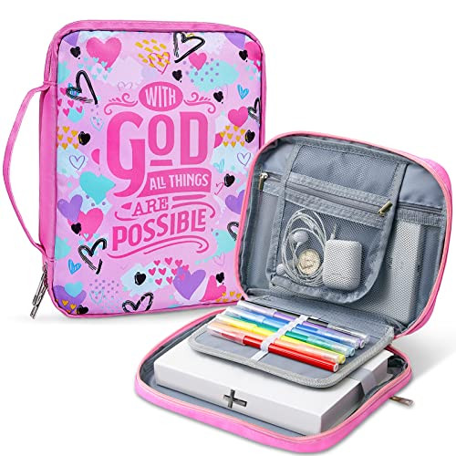 Pink Dino Bible Covers for Women Girls, Large Bible Case with Multiple Zippered Pocket Bible Carrying Bag with Removable Pen Slots for Bible Study Su