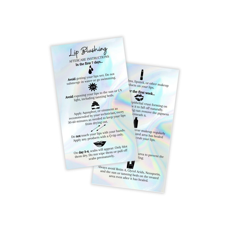 Lip Blush Aftercare Instructions Card | 50 Pack | 2x3.5" inches Business Card Size | Lip Glow Lip Blush PMU Lip Tint Lip Tattoo | Holographic Design