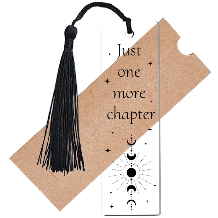 CREATCABIN Moon Phase Bookmarks Clear Acrylic Bookmarks with Black Tassel Transparent Rectangle Just One More Chapter Book Markers Tag for Office Boo