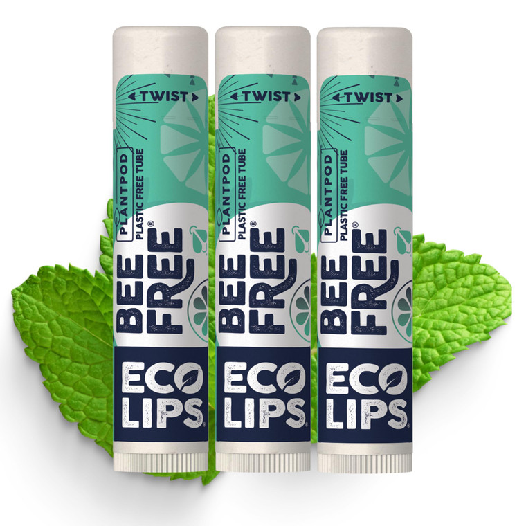 Vegan Lip Balm Sweet Mint by Eco Lips flavor 3 Pack Natural Bee Free with Candelilla Wax, Organic Cocoa Butter, & Coconut Oil Lip Care. 100% Plastic-
