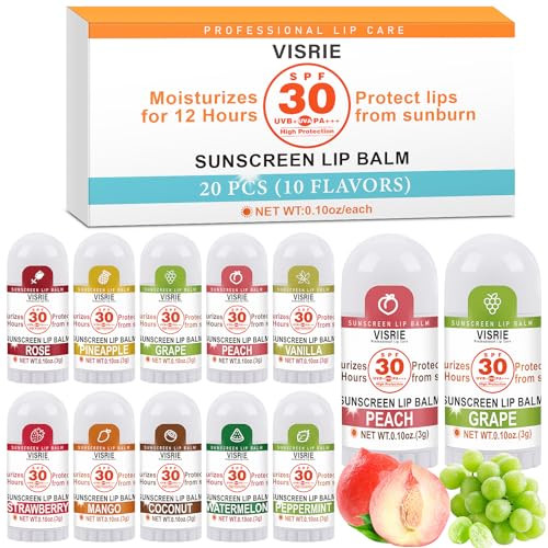 VISRIE SPF 30 Sunscreen Lip Balm, SPF Lip Balm Bulk 20 Count, Broad Spectrum UVA/UVB Lip Sunscreen with Vitamin E and Coconut Oil- 10 Flavors
