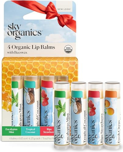 Sky Organics Organic Lip Balms With Beeswax for Lips, USDA Certified Organic, Four Assorted Flavors to Moisturize, Soothe & Soften, 4pk.