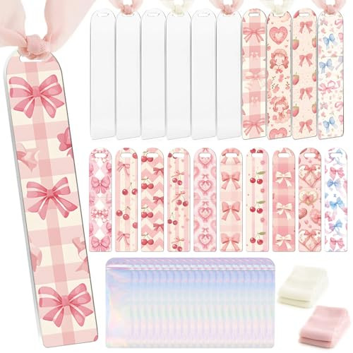Dazoratix Pink Acrylic Bookmark Blanks - 60 Pcs Bow Cherry Making Kit Girly UV DTF Transfer Stickers with Ribbons for DIY Craft Reading Women Girls B