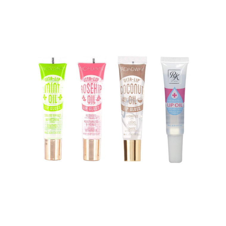 Ruby Kisses Broadway Vita-Lip Clear Lip Gloss (4 Pack Mint, Rosehip, Coconut Oil, Lip Oil Treatment), Ultra-Hydrating & Soothing Formula with Multi-V