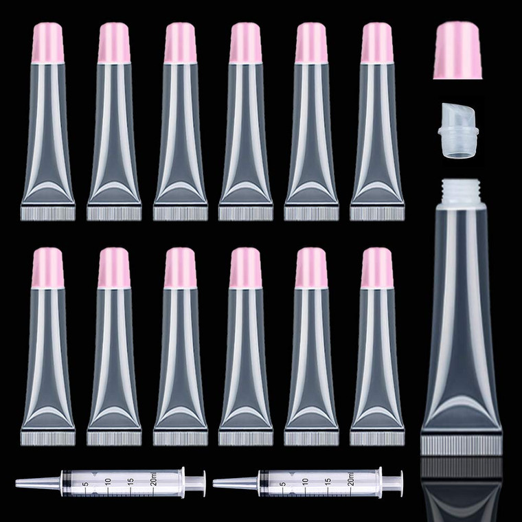 AMORIX 50PCS Lip Gloss Tubes 15ml Pink Cap Lip Gloss Containers Empty Lip Balm Tubes Cosmetic Squeeze Lipgloss Tubes + 2 x 20ml Syringes Tag Labels f