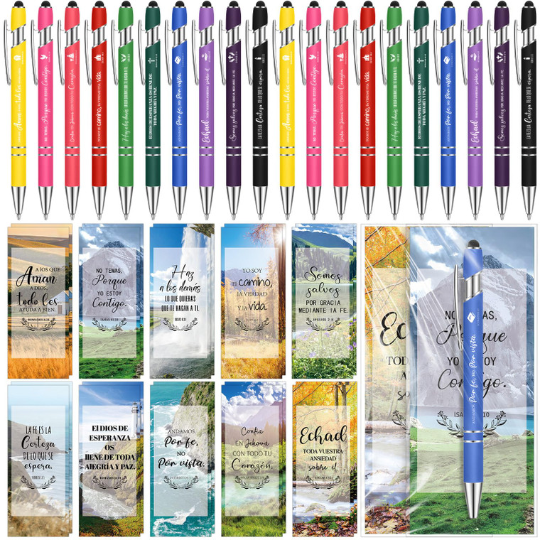 Chiisong 50 Sets Spanish Christian Gifts Bulk for Church Bible Verse Pens with Bookmarks Back to School Regalos Cristianos En Espanol for Religious C
