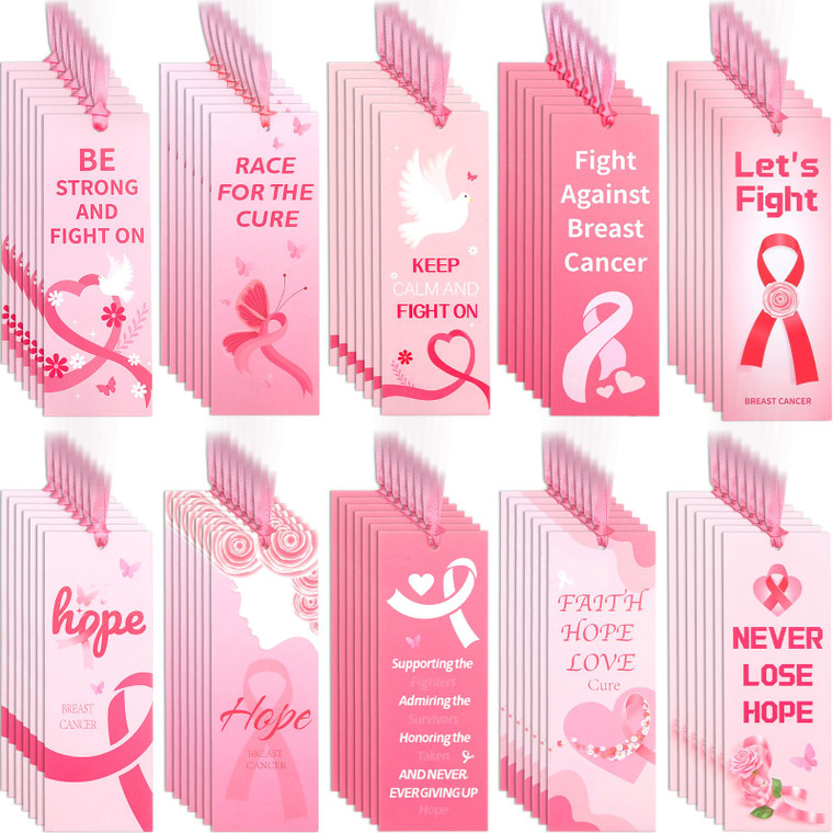 AmazingSpark 600 Pcs Breast Cancer Awareness Bookmarks Bulk, Pink Fight Ribbon Book Marks Keep Calm Book Mark for Women Breast Cancer Charity, Office