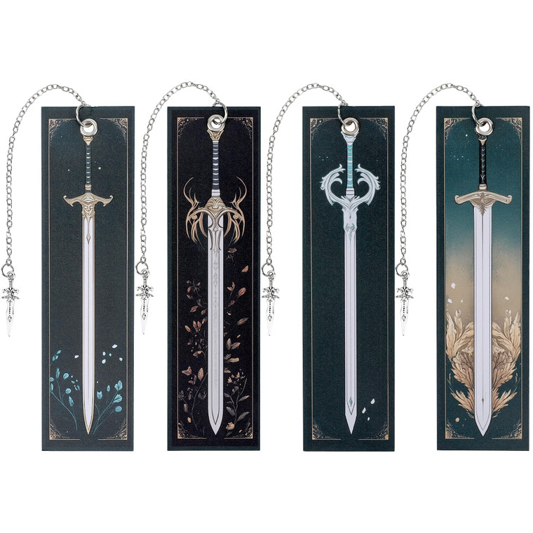Celavoy Fantasy Sword Bookmark Gifts - 4 Pcs Red Black Vintage Bookmarks Dragon Wing Pendant Charm Anime Book Marks Office Supplies Gift for Reading