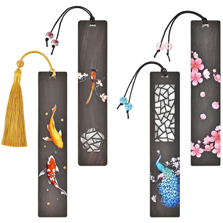 Temiary 4Pcs Bookmarks for Reading, Wooden Bookmark, Handmade Natural Wood Carving, Page Markers for Men Women Book Lovers, Wood Bookmark for School