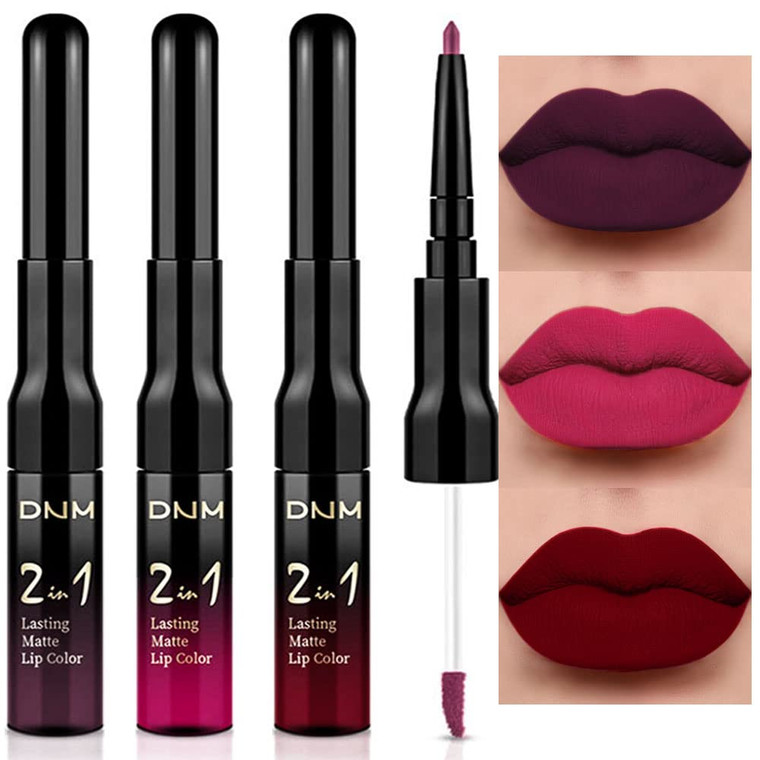 evpct 3Pcs Dark Plum Purple Rose Dark red Matte Lip Liner Pencil and Liquid Lipstick Sets for Women Long Lasting Waterproof, 24 Hour Lipstick Lip Sti
