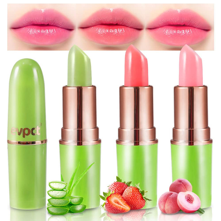 evpct 3Pcs Magic Color Changing Lipstick Long Lasting Waterproof 24 Hours Original for Women, Aloe Vera Strawberry Peach Pink PH Mood Permanent Color