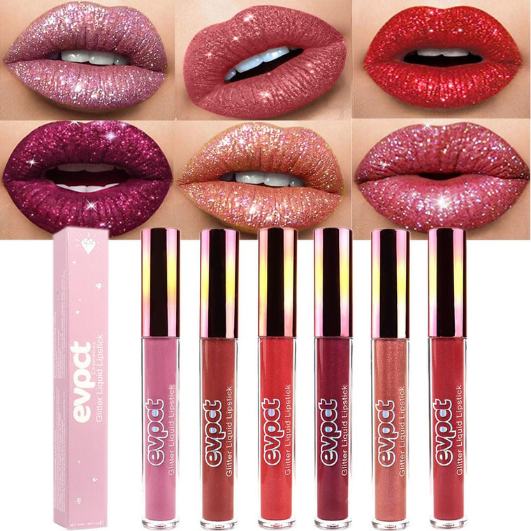 evpct 6Pcs Diamond Lip Gloss Matte to Glitter Liquid Lipstick Waterproof, Metallic Metal Shimmer Liquid Diamond Glitter Sparkle Sparkling Lipstick Li