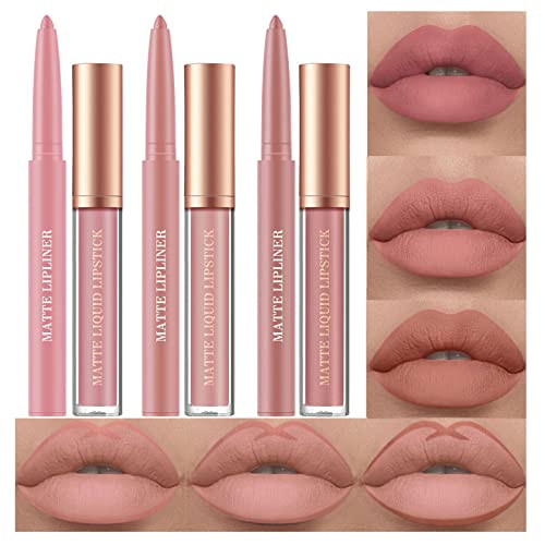 BestLand 6Pcs Matte Liquid Lipstick and Lip Liner Set, Non-Stick Cup Not Fade Waterproof 24 Hour Lip Gloss Nude Brown Lip Liner Pencil for Women, lab