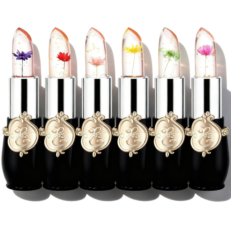 Pack of 6 Crystal Flower Jelly Lipstick Set, Long Lasting Nutritious Lip Balm Lips Moisturizer Magic Temperature Color Change Lip Gloss, Galentines G