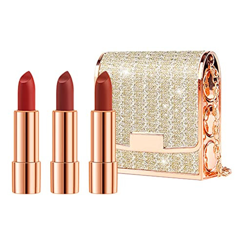 Newvenper Matte Lipstick Set 3 Colors Lip Stick with Sliver Chain Bag Package Velvet Lip stick Set Waterproof Non-Stick Cup Long Lasting Retractable