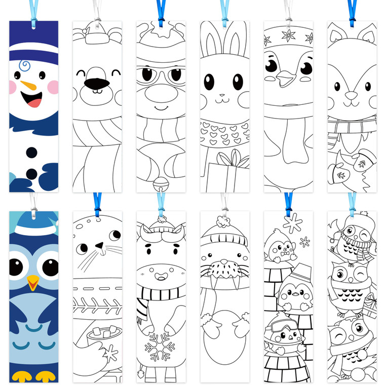 Haooryx Polar Animals Color Your Own Bookmarks - 75Pcs Kids DIY Coloring Blank Bookmarks Funny Winter Penguins Owl Book Mark for Xmas Party Supply Te