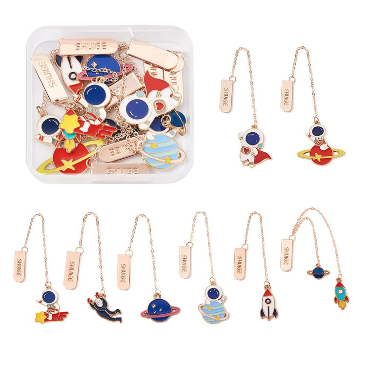 Beadthoven 8pcs Space Theme Metal Bookmarks with Chain Metal Enamel Charms Cute Astronaut Planet Rocket Metal Book Marker Page Clip Pendants for Stud
